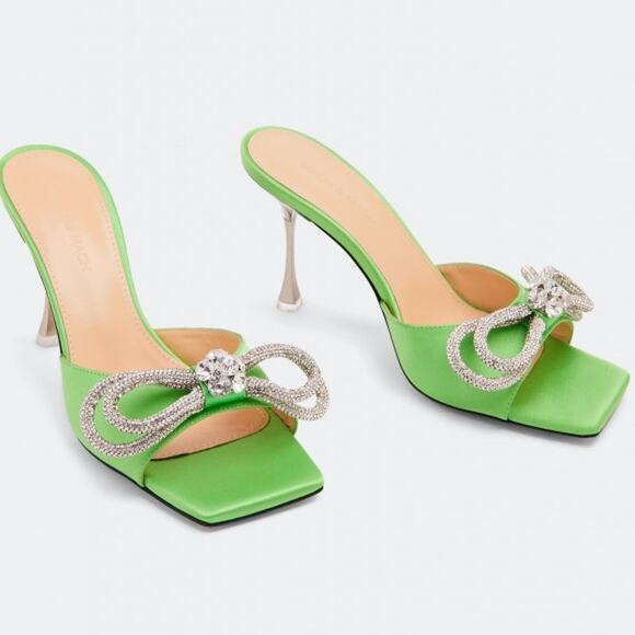 MACH & MACH Shoes - MACH & MACH Double Bow Crystal-Embellished Satin Mules Green Women Size 40 / 9.5